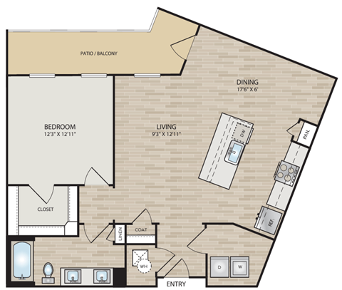 a floor plan of a studio apartment with a bedroom and a living room